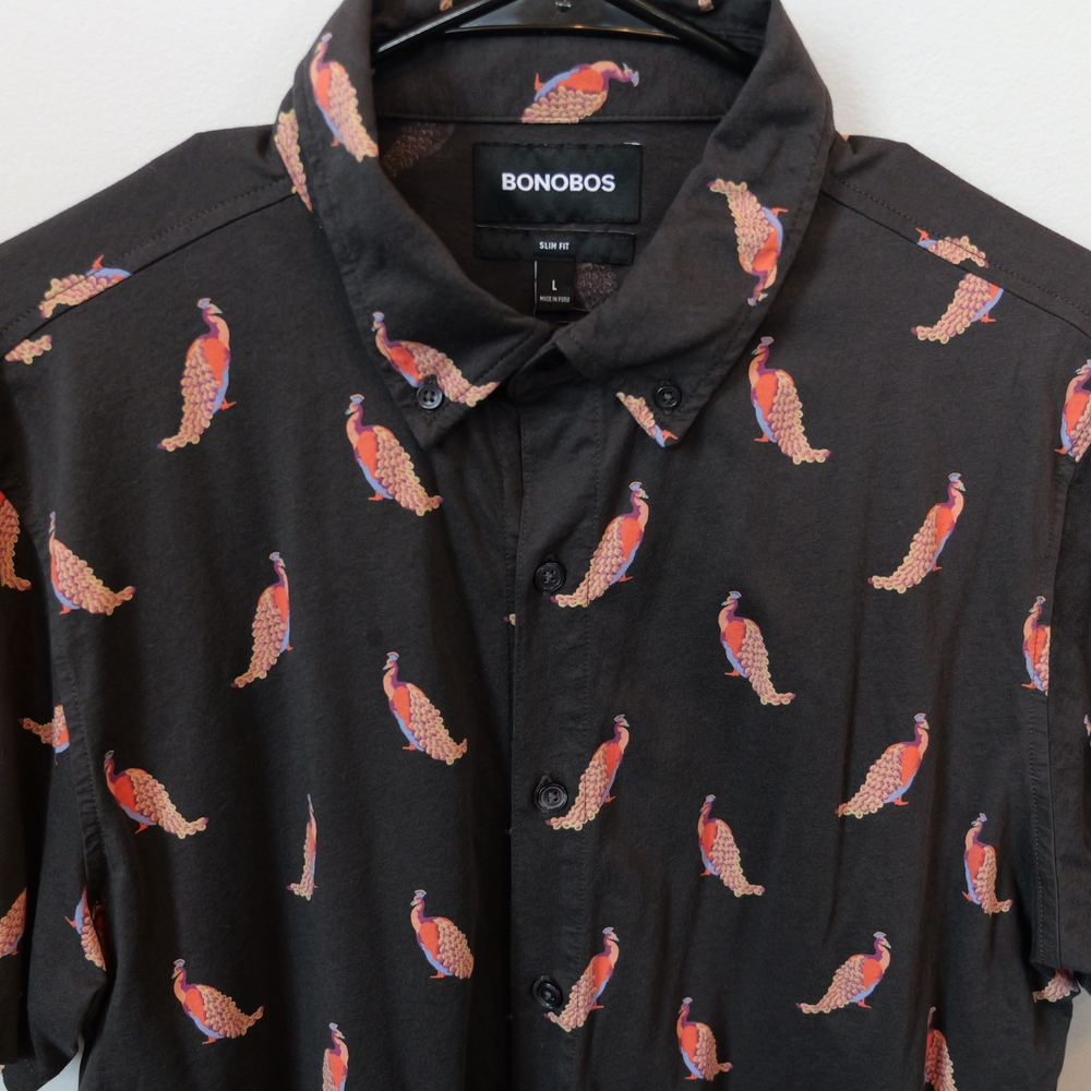 Bonobos Black Shirt with Colorful Peacock Design